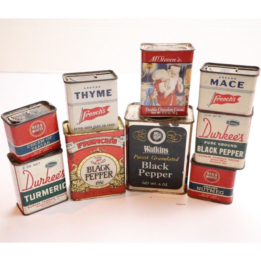 VTG MCM Spice & Cooking Tins (8) Retro Kitchen Decor Crafts Repurpose Mixed Lot